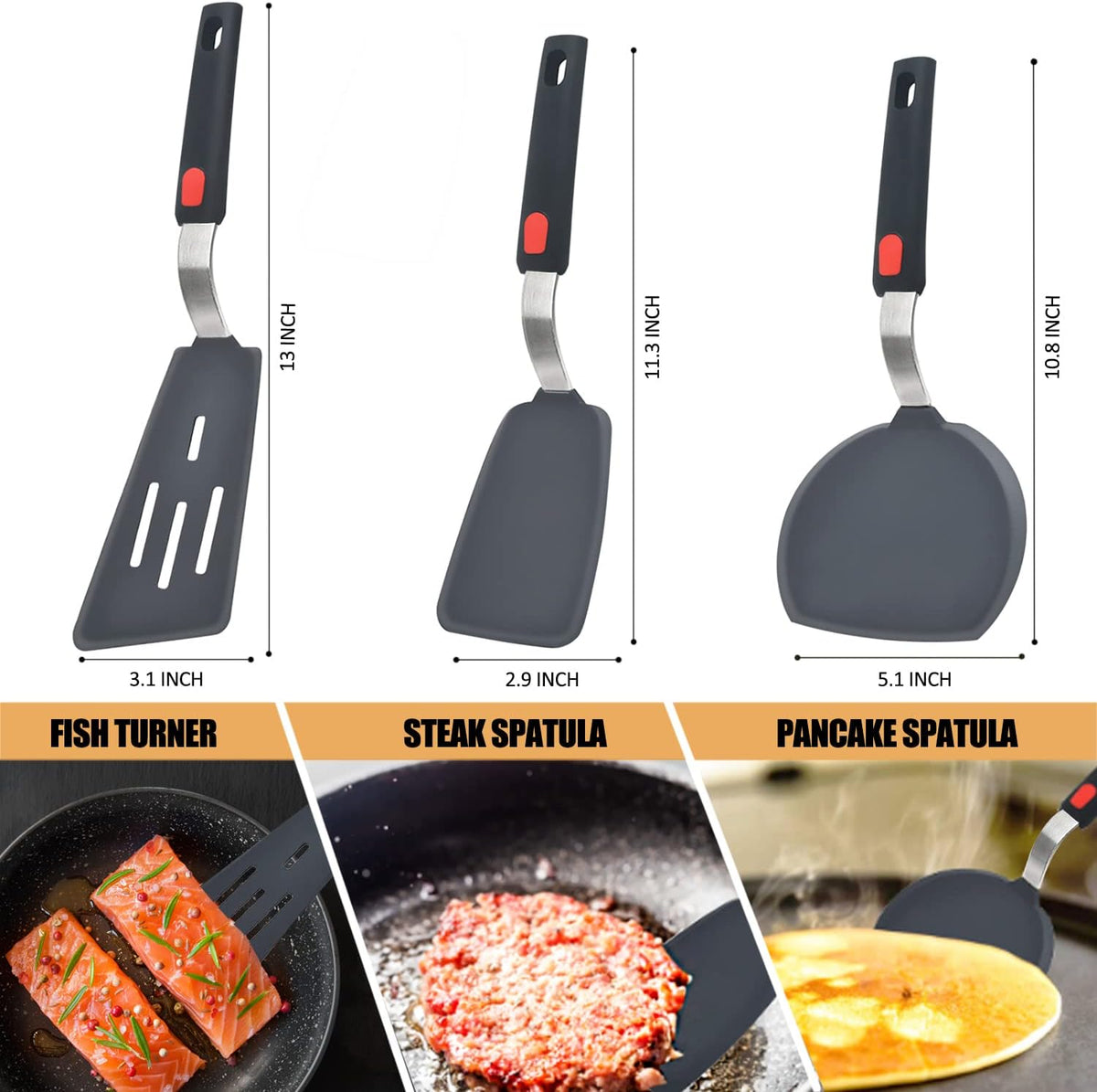 Beijiyi Silicone Spatula Turner Set of 3. 600°F Heat Resistant.