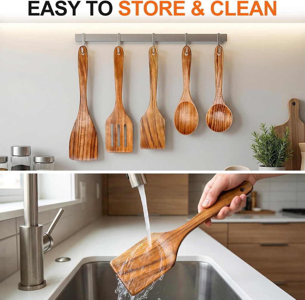 Wooden Spoons for Cooking Kitchen Utensil Set Non Toxic Acacia Wood Spatula