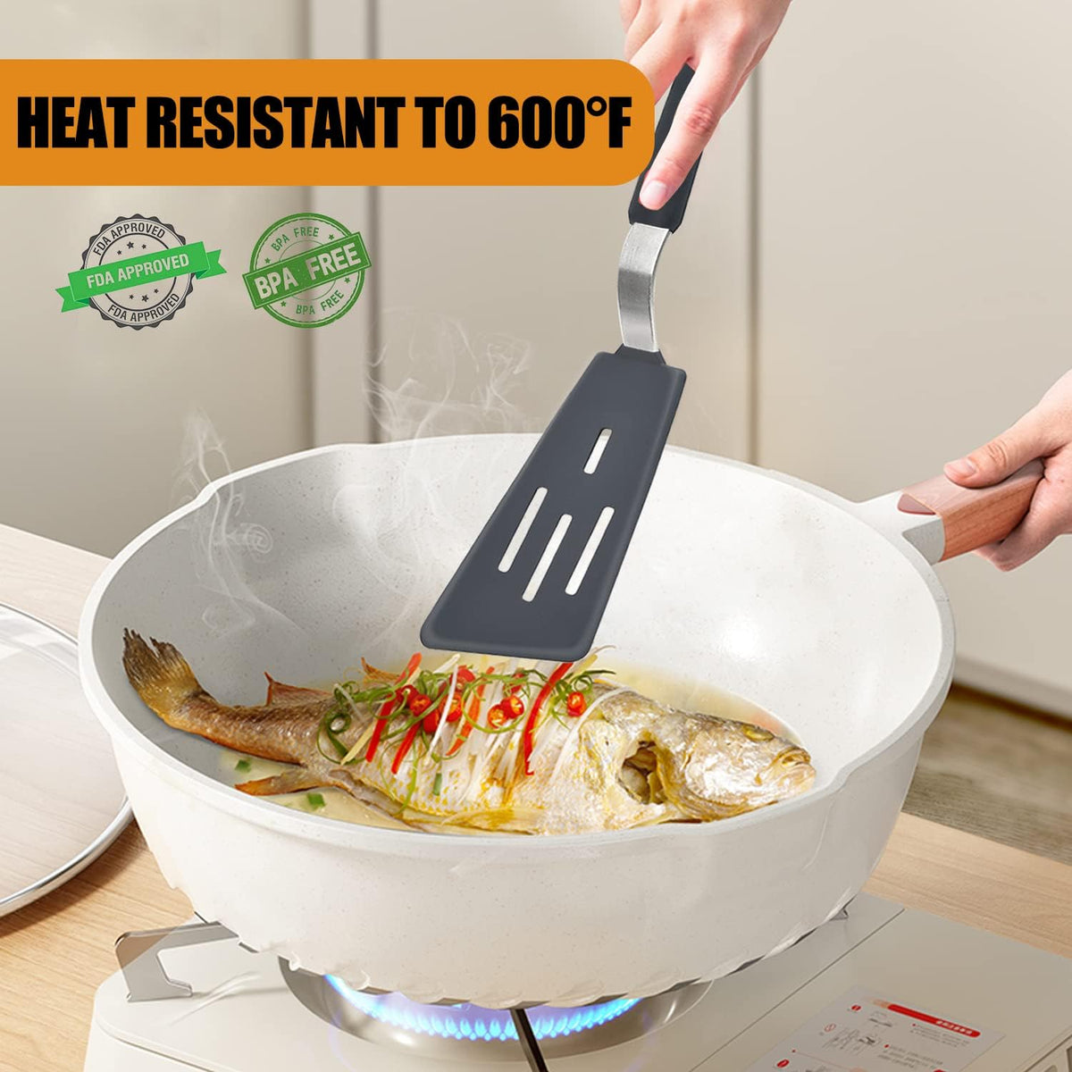 Beijiyi Silicone Spatula Turner Set of 3. 600°F Heat Resistant.