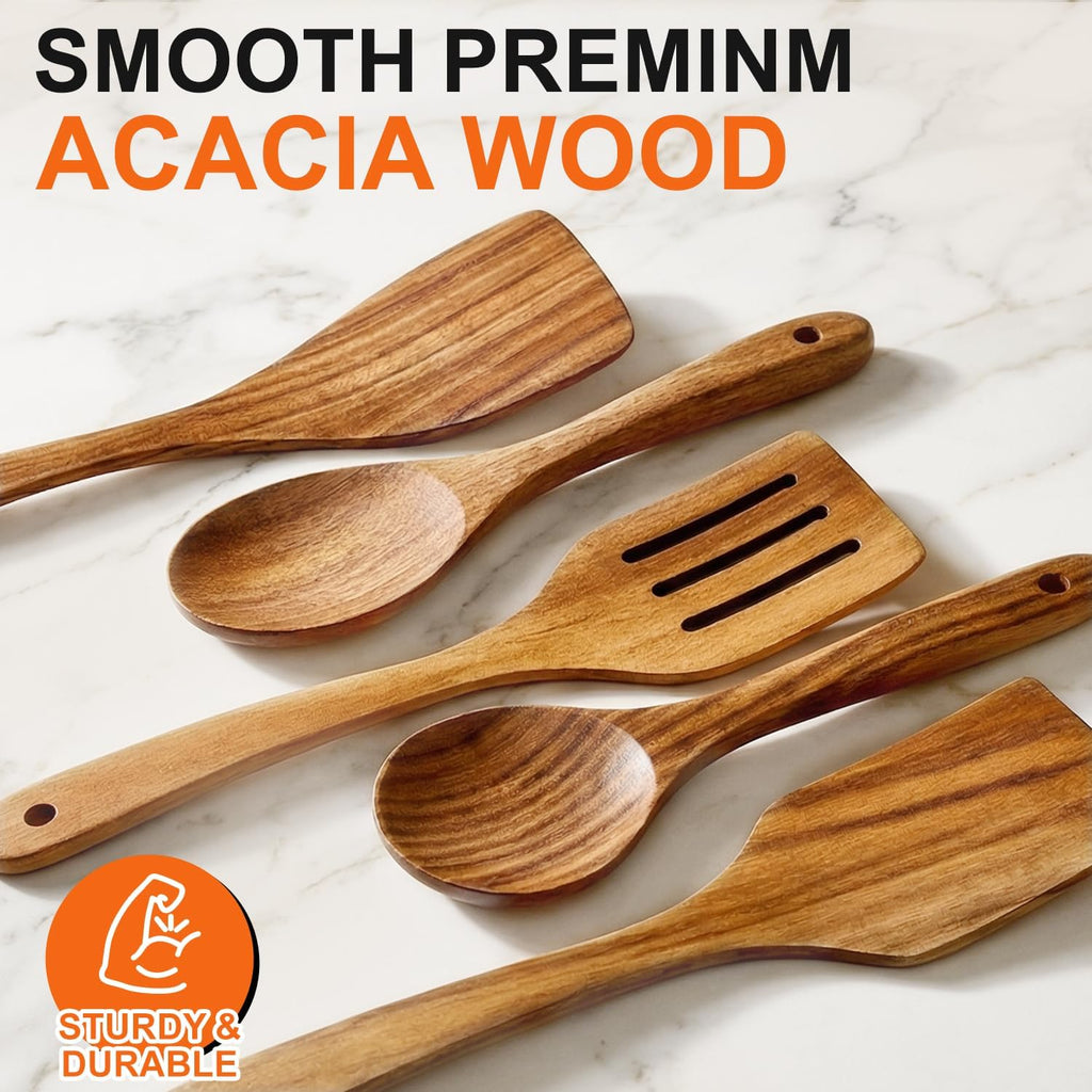 Wooden Spoons for Cooking Kitchen Utensil Set Non Toxic Acacia Wood Spatula